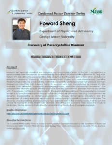 Condensed Matter Seminar: Discovery of Paracrystalline Diamond by Howard Sheng of George Mason University